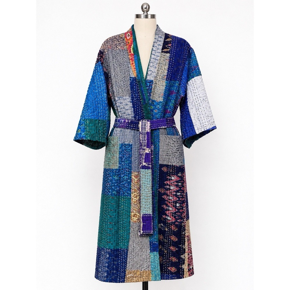 Vintage Silk Kantha Patchwork Robe Handmade Quilted Kimono Belted One Size